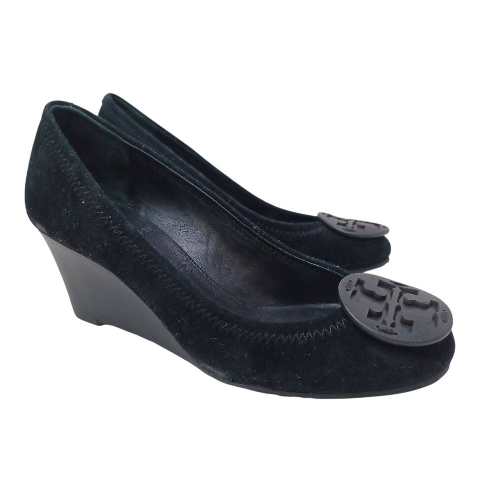 Tory Burch‎ Shoes Sophie Miller Black Suede Wedge Leather Logo on Toe Womens 5 M